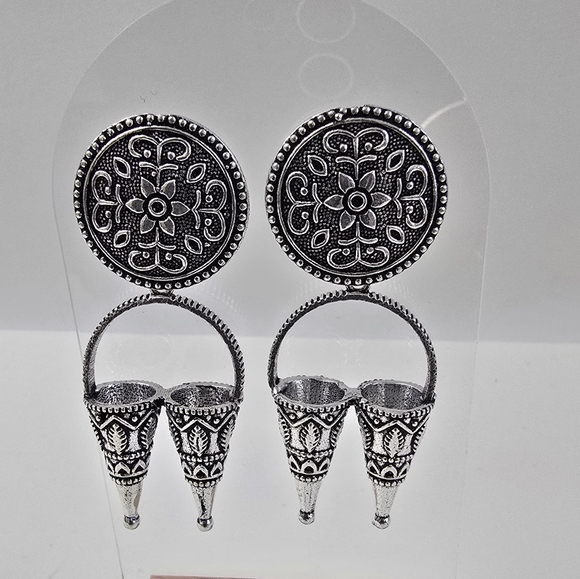 Antique Tone Boho Tribal Silver Earrings - Picture 5 of 7